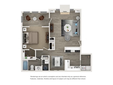 a stylized floor plan of a 1 bedroom apartment